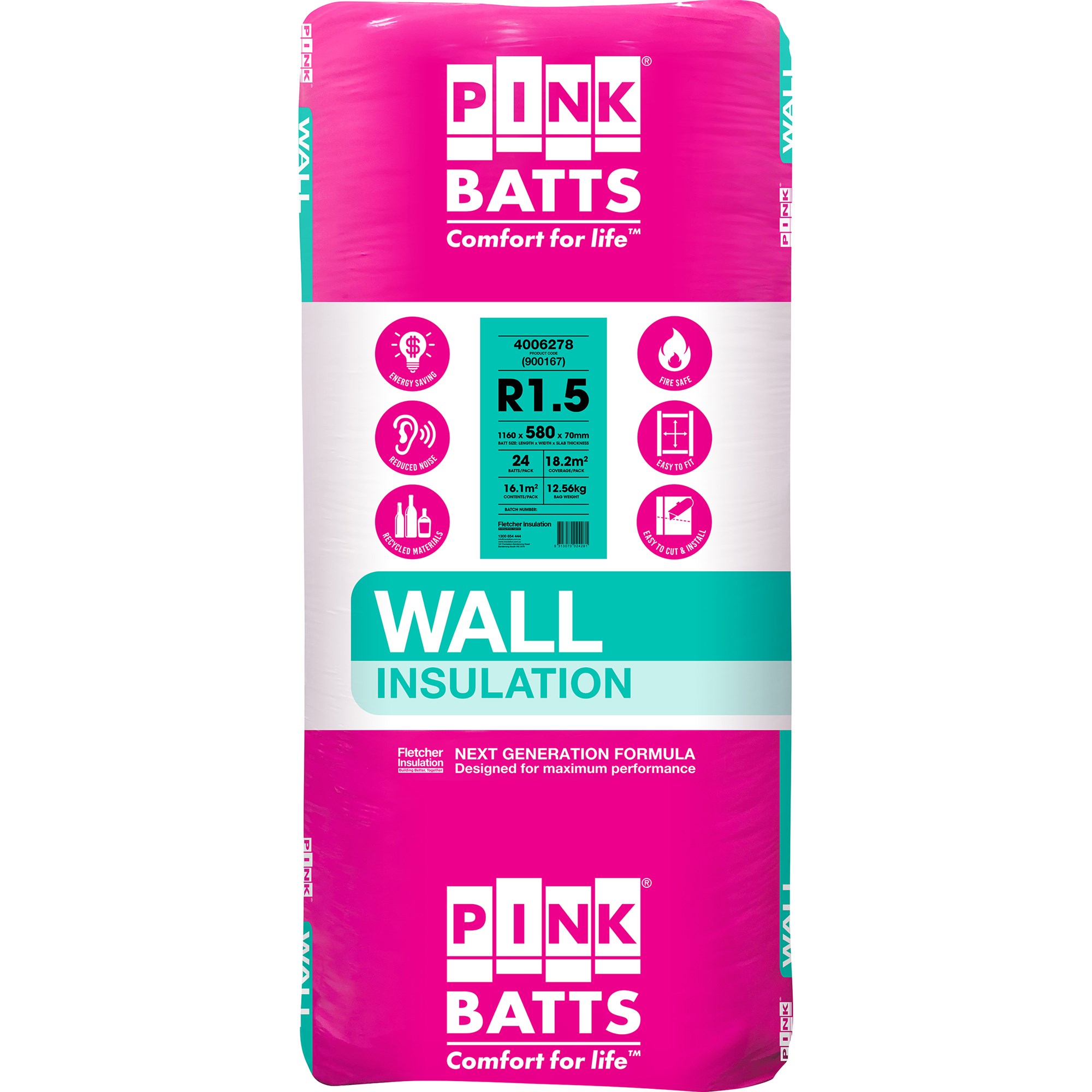 pink batts r1.5 1160mm x 580mm x 70mm 16.2m² insulation - 24 pack