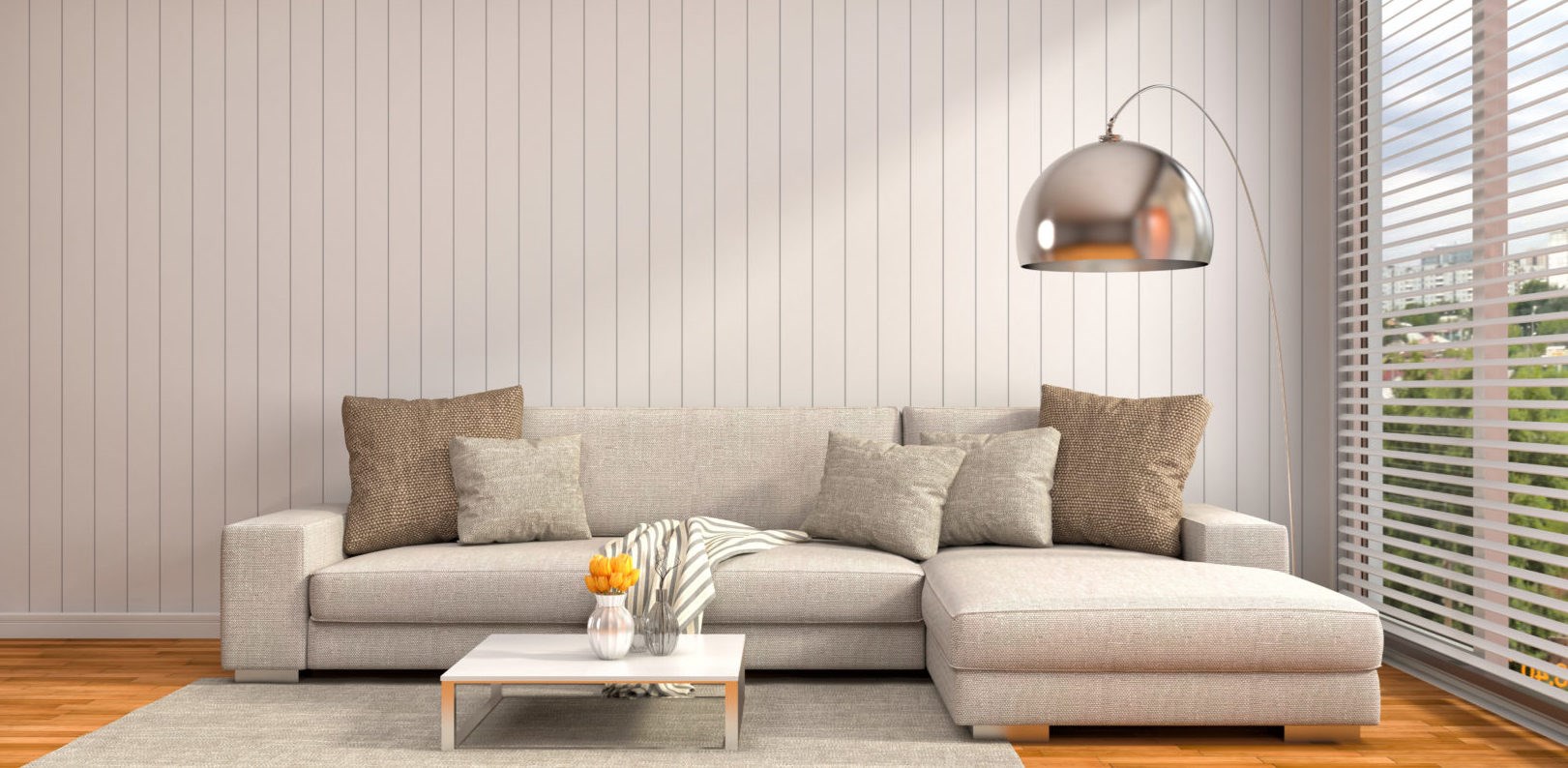 Modern living room with EasyCraft Easy VJ 100 wall panels