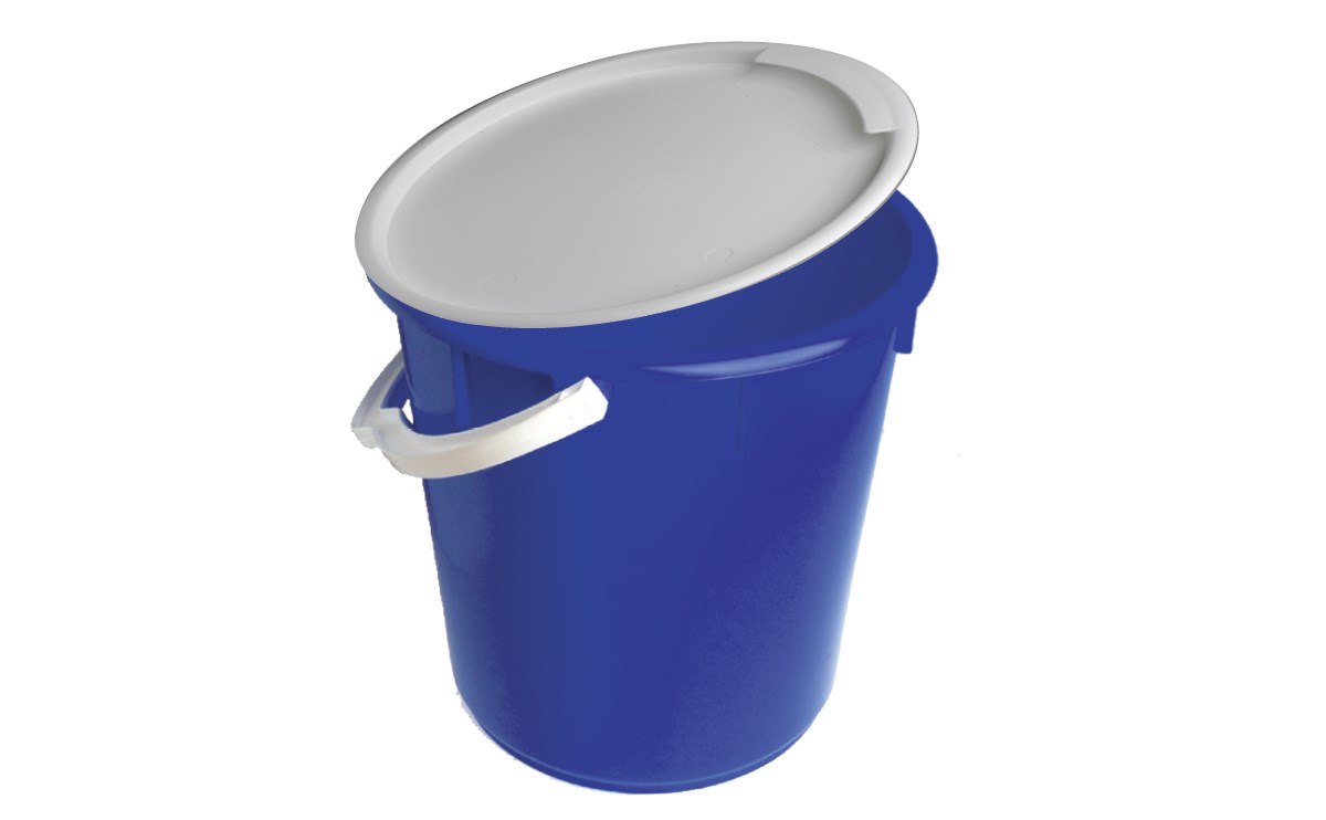 large blue bucket with lid