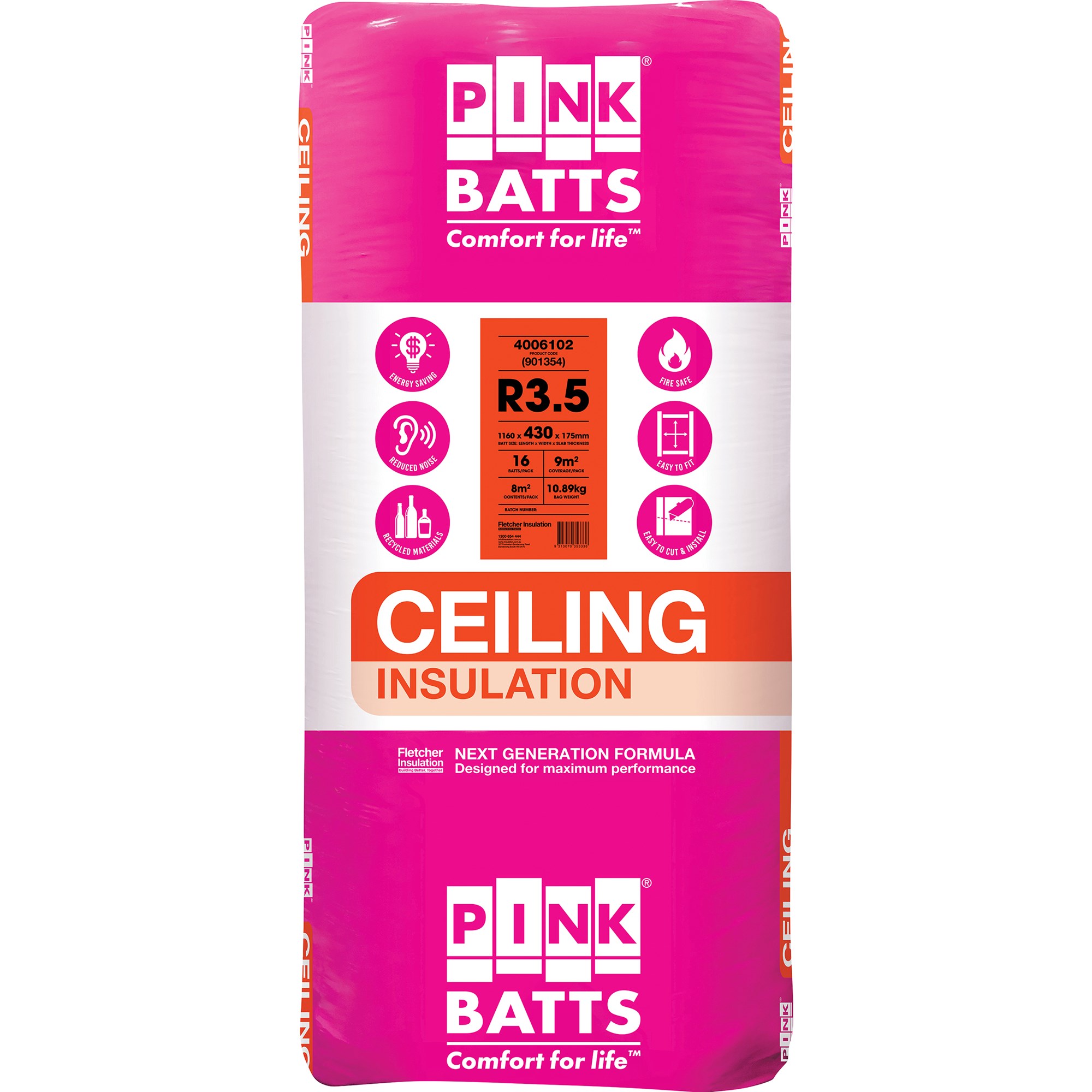 pink batts r3.5 1160mm x 430mm x 175mm 8.0m² ceiling insulation - 16 pack