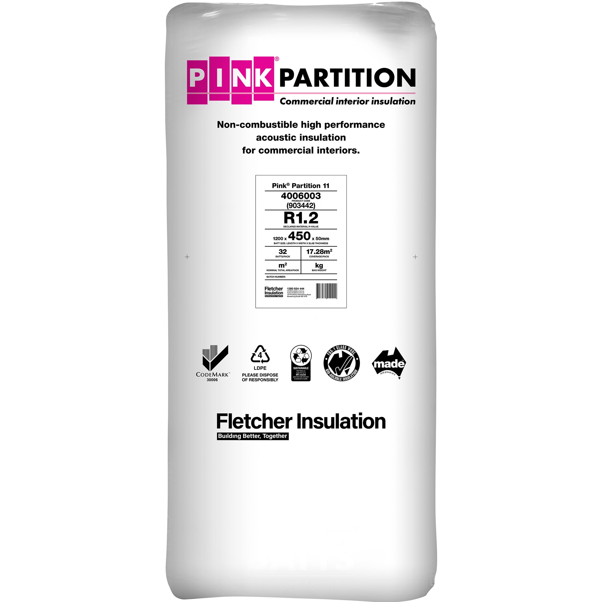 pink partition batts 11kg 1200mm x 450mm x 50mm 17.28m² - 32 pack r1.2
