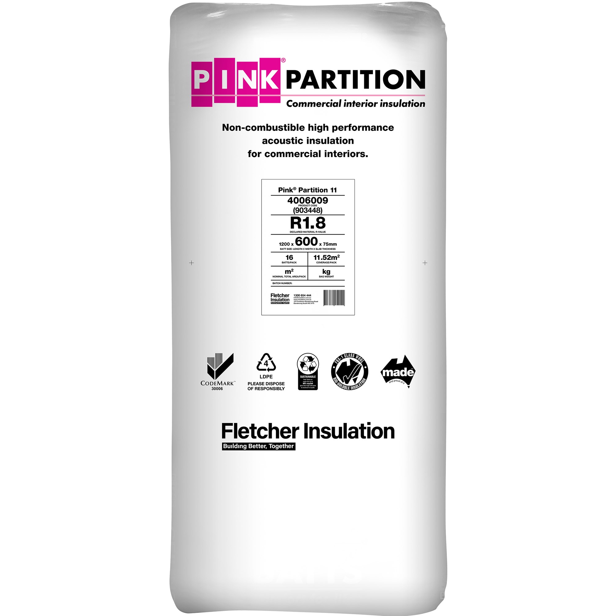 pink partition batts 11kg 1200mm x 600mm x 75mm 11.52m² - 16 pack r1.8