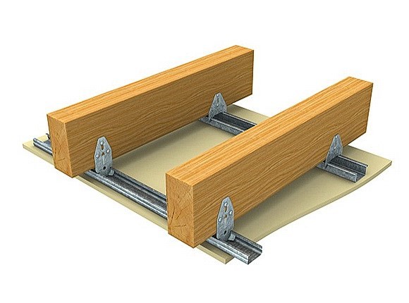 Ceiling framing diagram showing timber ceiling battens fixed to metal furring channels with clips above a flat ceiling lining.